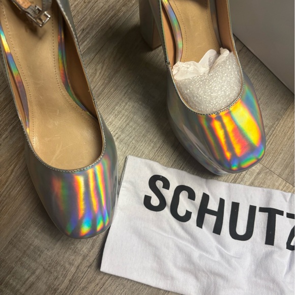 NEW Schutz Renee Ankle Strap Platform Pump Hologram - Picture 8 of 10